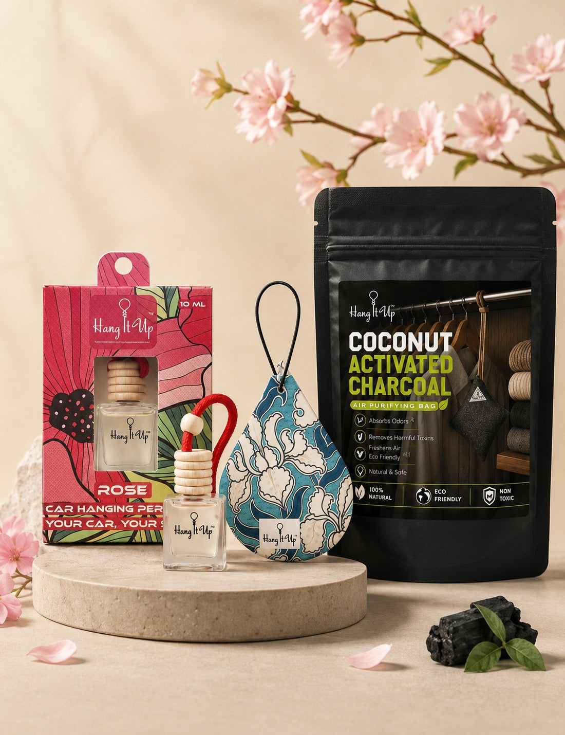 Pack of 3 (Rose Hanging Bottle + Black Ice Air Freshener Card + Charcoal Purifier)