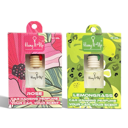 Car Hanging Perfume Bottle - Rose & Lemongrass Combo of 2 | Long Lasting Fragrance