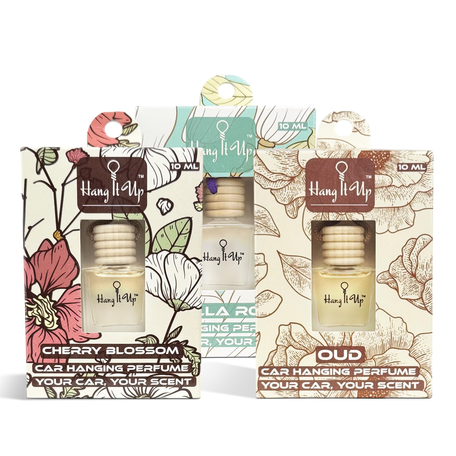 Car Hanging Perfume Bottle - Vanilla Roma, Oud & Cherry Blossom Combo of 3 | Long Lasting Fragrance