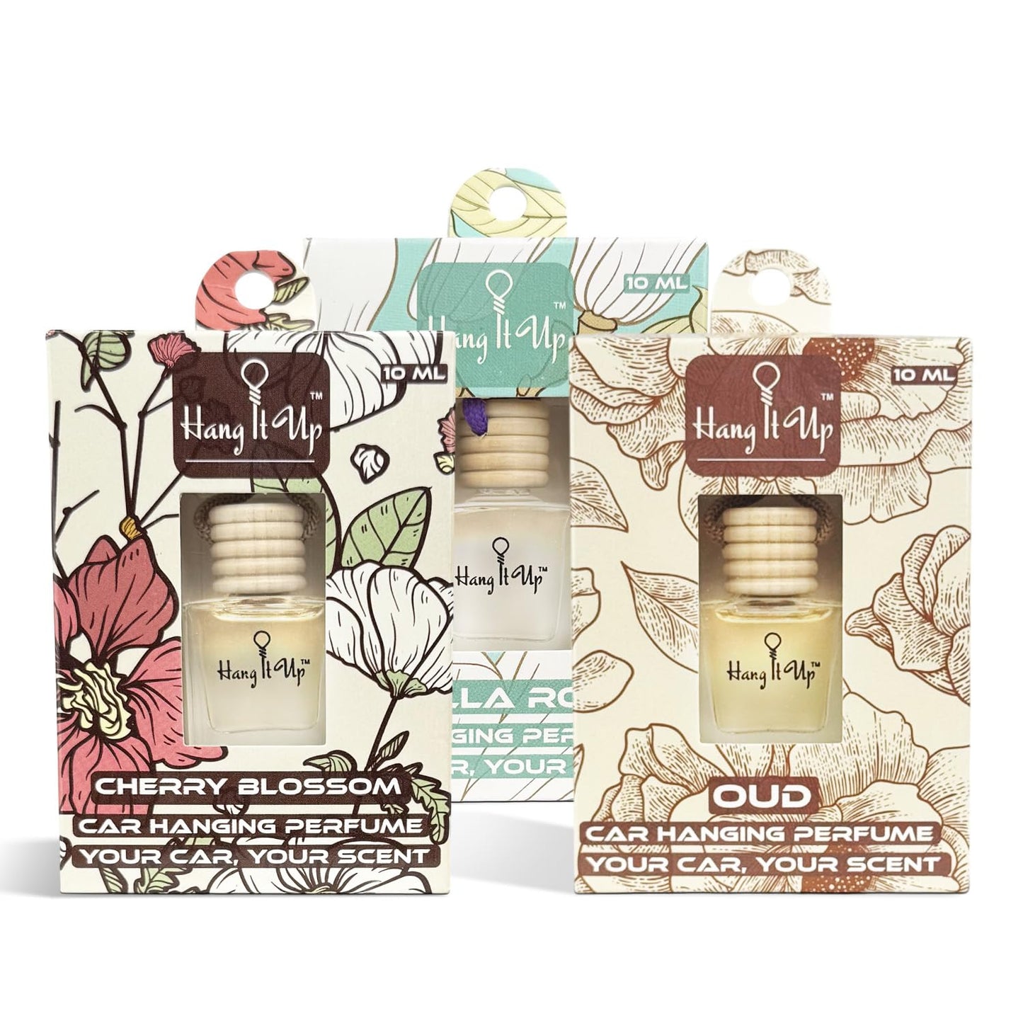 Car Hanging Perfume Bottle - Vanilla Roma, Oud & Cherry Blossom Combo of 3 | Long Lasting Fragrance