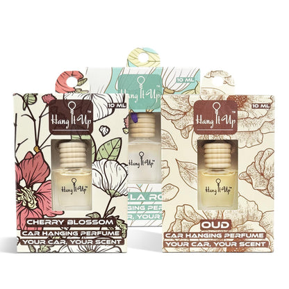 Car Hanging Perfume Bottle - Vanilla Roma, Oud & Cherry Blossom Combo of 3 | Long Lasting Fragrance