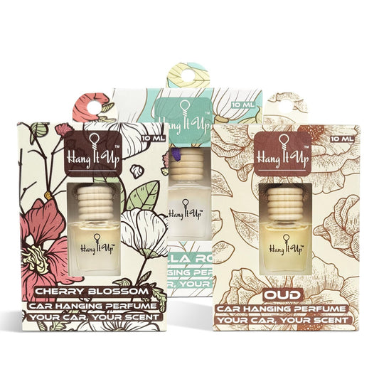 Car Hanging Perfume Bottle - Vanilla Roma, Oud & Cherry Blossom Combo of 3 | Long Lasting Fragrance