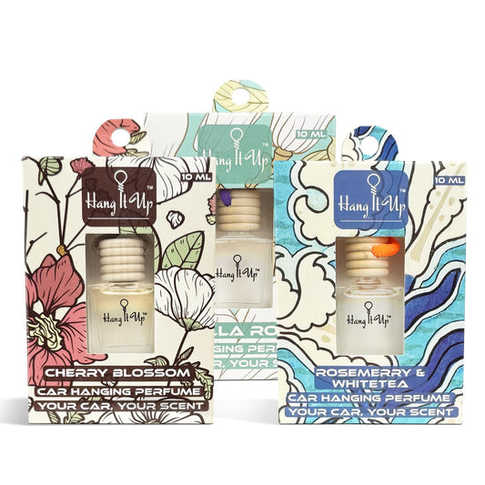 Car Hanging Perfume Bottle - Vanilla Roma, Cherry Blossom & Rose merry & White Tea Combo of 3 | Long Lasting Fragrance