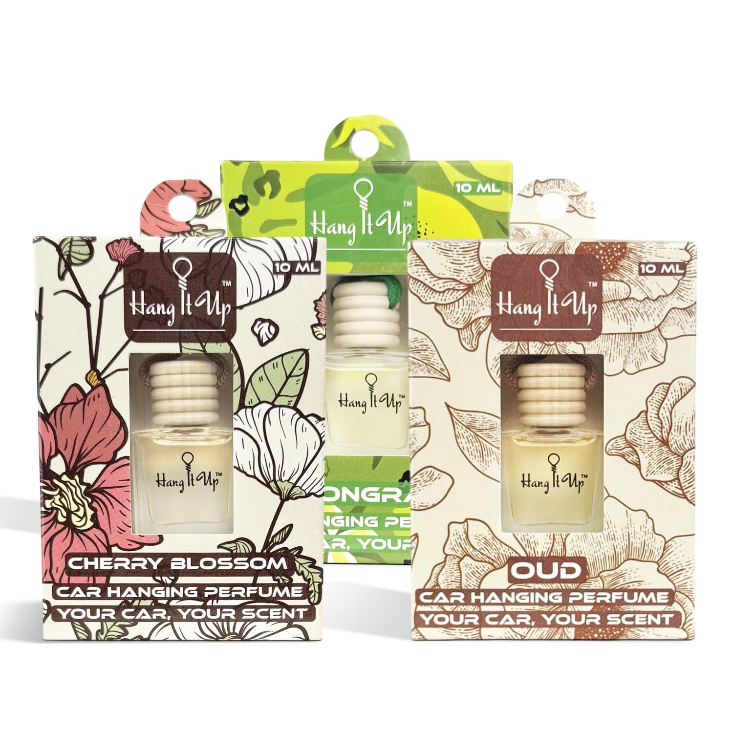 Car Hanging Perfume Bottle - Lemongrass, Oud & Cherry Blossom Combo of 3