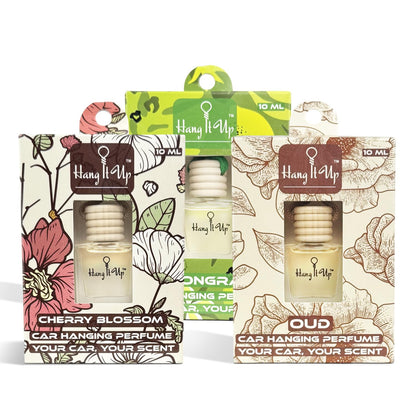 Car Hanging Perfume Bottle - Lemongrass, Oud & Cherry Blossom Combo of 3