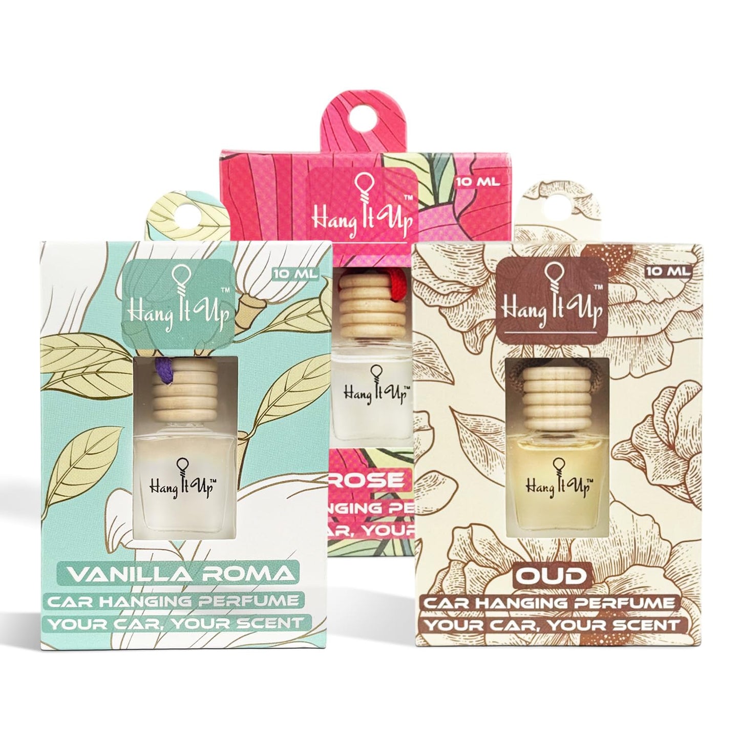 Car Hanging Perfume Bottle - Rose, Vanilla Roma & Oud Combo of 3 | Long Lasting Fragrance