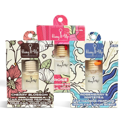 Car Hanging Perfume Bottle - Rose, Cherry Blossom & Rose merry & White Tea Combo of 3 | Long Lasting Fragrance