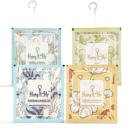 Air Freshener Pouches - Oud, Cherry Blossom, Vanilla Roma & Rosemarry&White Tea Combo of 4 | Long Lasting Fragrance