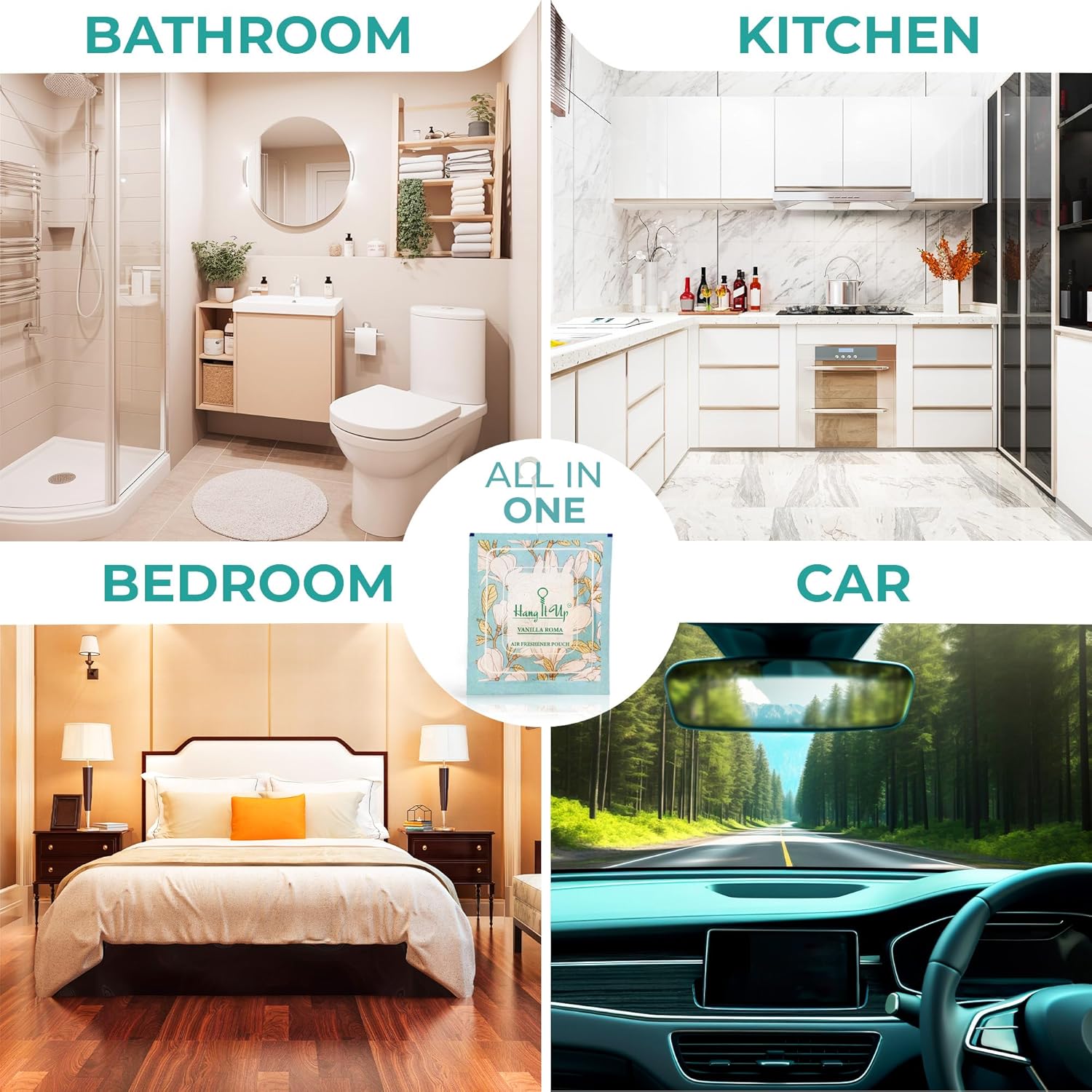 Air Freshener Pouches - Oud, Cherry Blossom, Vanilla Roma & Rosemarry&White Tea Combo of 4 | Long Lasting Fragrance