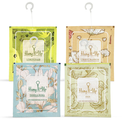Air Freshener Pouches - Oud, Cherry Blossom, Leamongrass & Vanilla Roma Combo of 4 | Long Lasting Fragrance