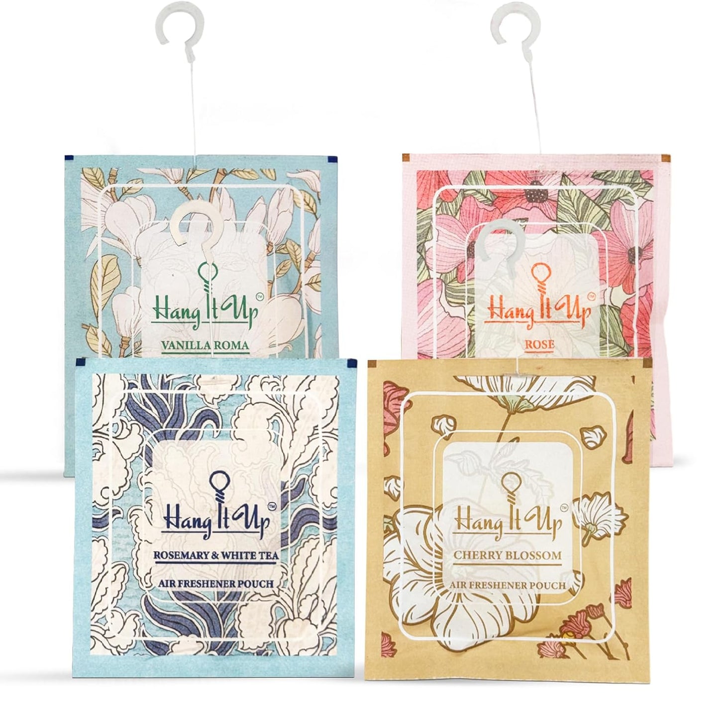 Air Freshener Pouches - Rose, Cherry Blossom, Vanilla Roma & Rosemarry&White Tea Combo of 4 | Long Lasting Fragrance