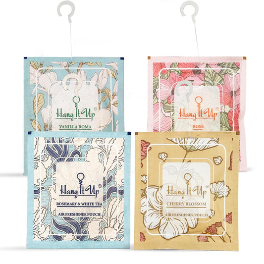 Air Freshener Pouches - Rose, Cherry Blossom, Vanilla Roma & Rosemarry&White Tea Combo of 4 | Long Lasting Fragrance