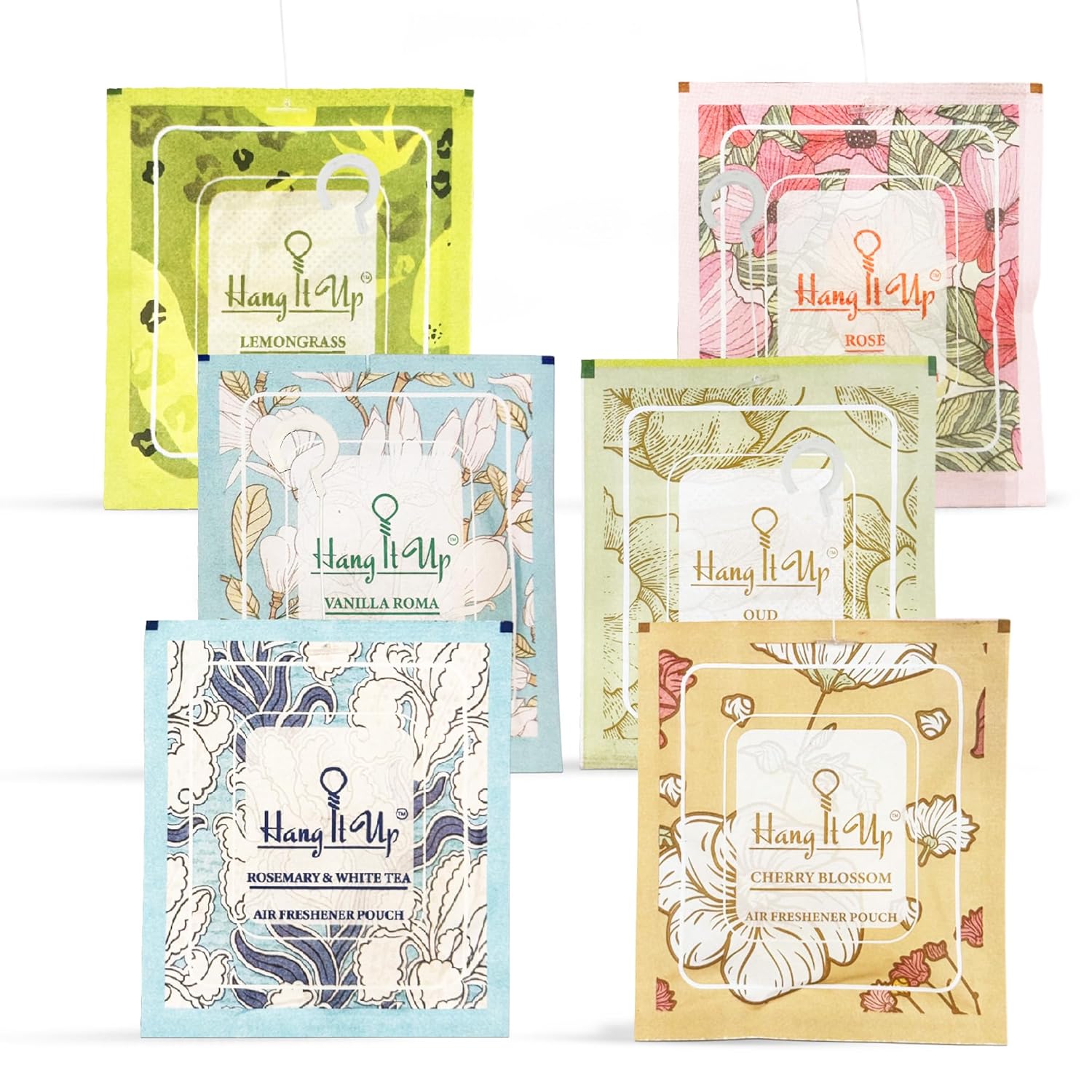 Air Freshener Pouches - Rose, Oud, leamongrass, Vanilla Roma, Cherry Blossom & Rose marry & White Tea Combo of 6 | Long Lasting Fragrance