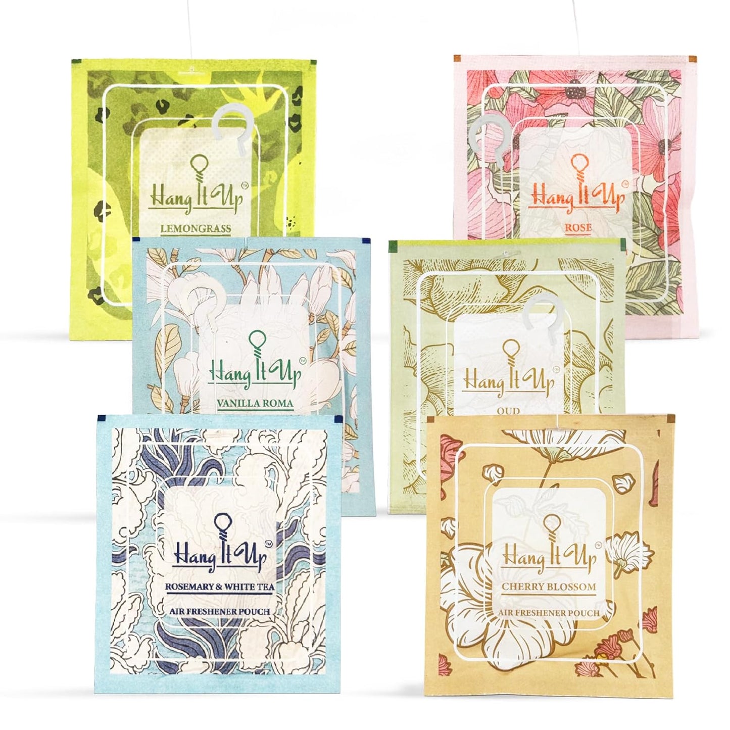 Air Freshener Pouches - Rose, Oud, leamongrass, Vanilla Roma, Cherry Blossom & Rose marry & White Tea Combo of 6 | Long Lasting Fragrance