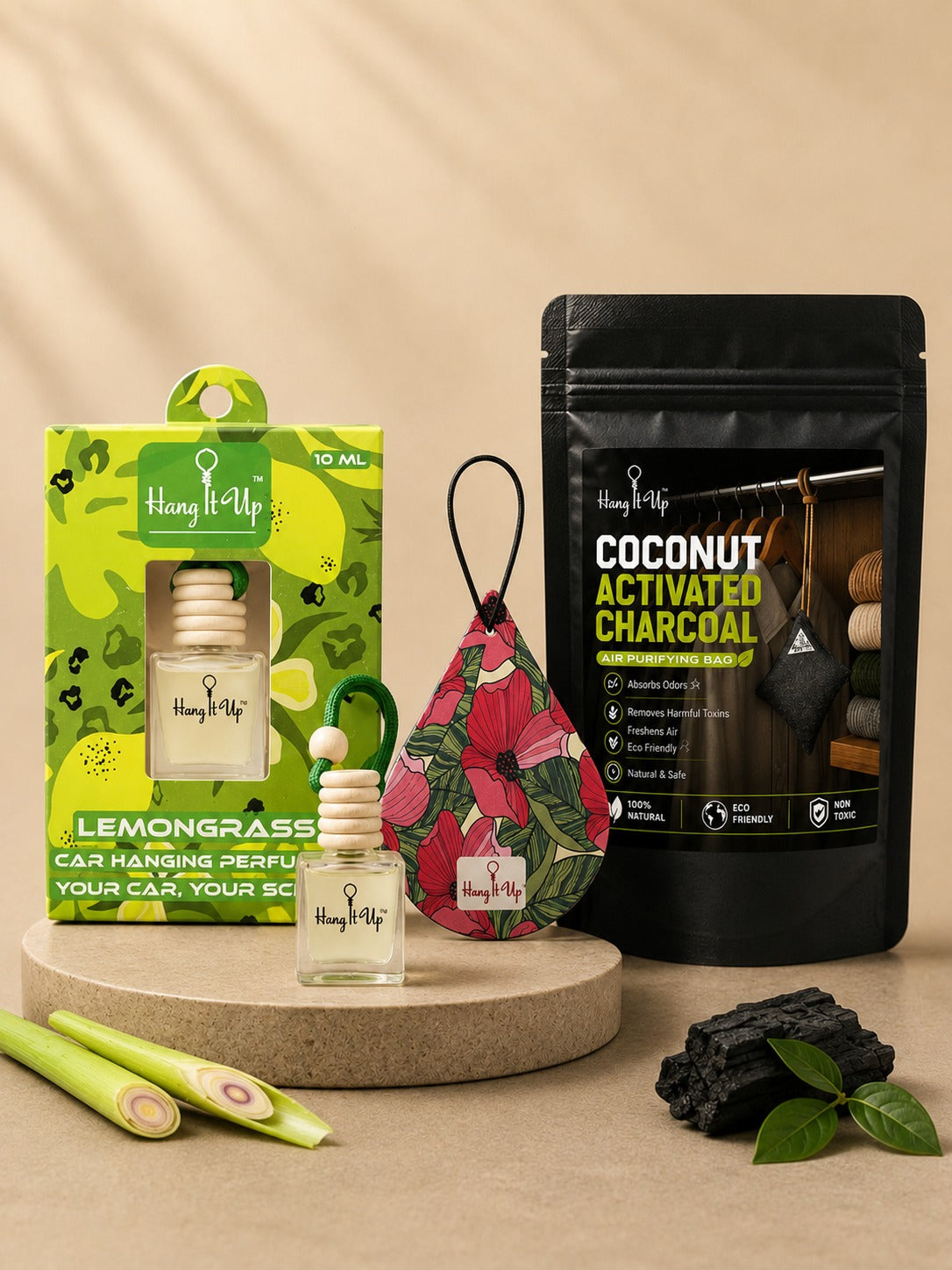 Pack of 3 (Lemongrass Hanging Bottle + StrawberryAir Freshener Card + Charcoal Purifier)
