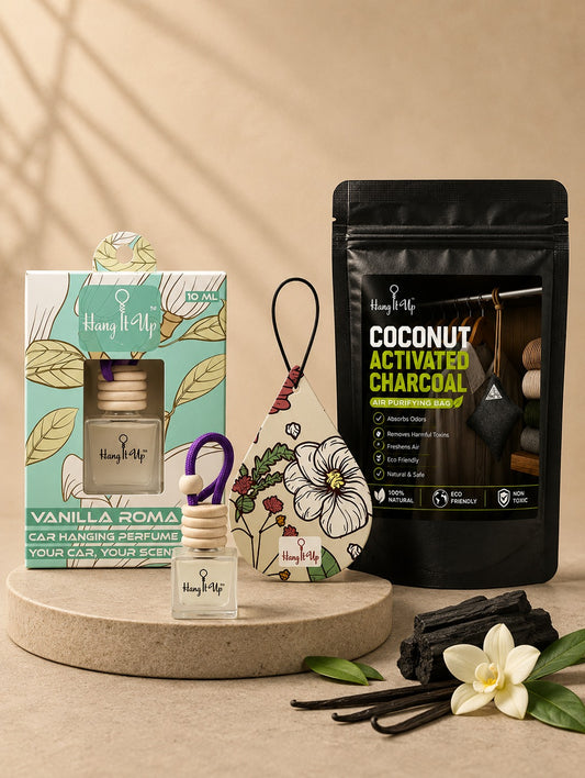 Pack of 3 ( Vanilla Roma Hanging Bottle + Strawberry Air Freshener Card + Charcoal Purifier)