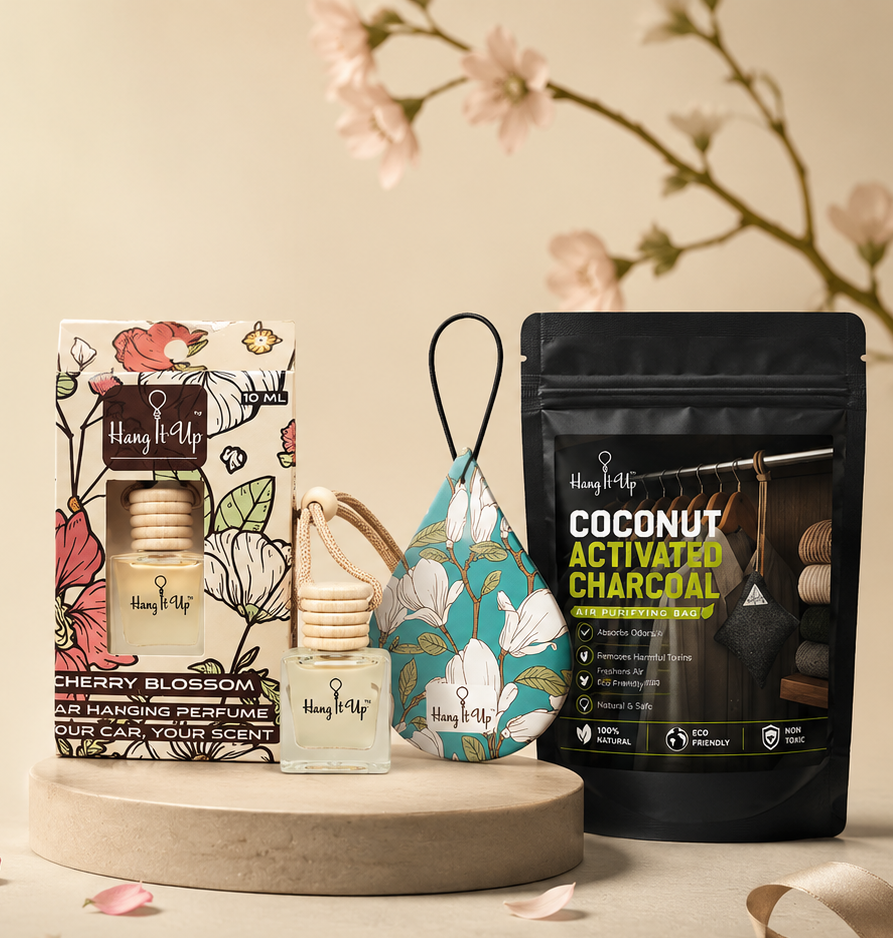Pack of 3 (Cherry Blossom Hanging Bottle + Vanilla Roma Air Freshener Card + Charcoal Purifier)