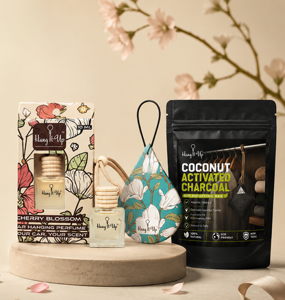 Pack of 3 (Cherry Blossom Hanging Bottle + Vanilla Roma Air Freshener Card + Charcoal Purifier)
