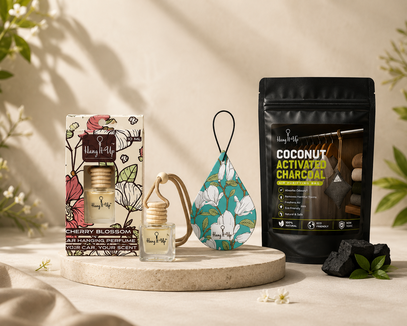 Pack of 3 (Cherry Blossom Hanging Bottle + Vanilla Roma Air Freshener Card + Charcoal Purifier)