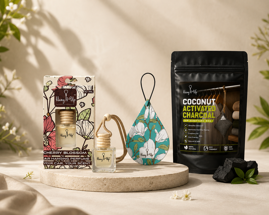 Pack of 3 (Cherry Blossom Hanging Bottle + Vanilla Roma Air Freshener Card + Charcoal Purifier)