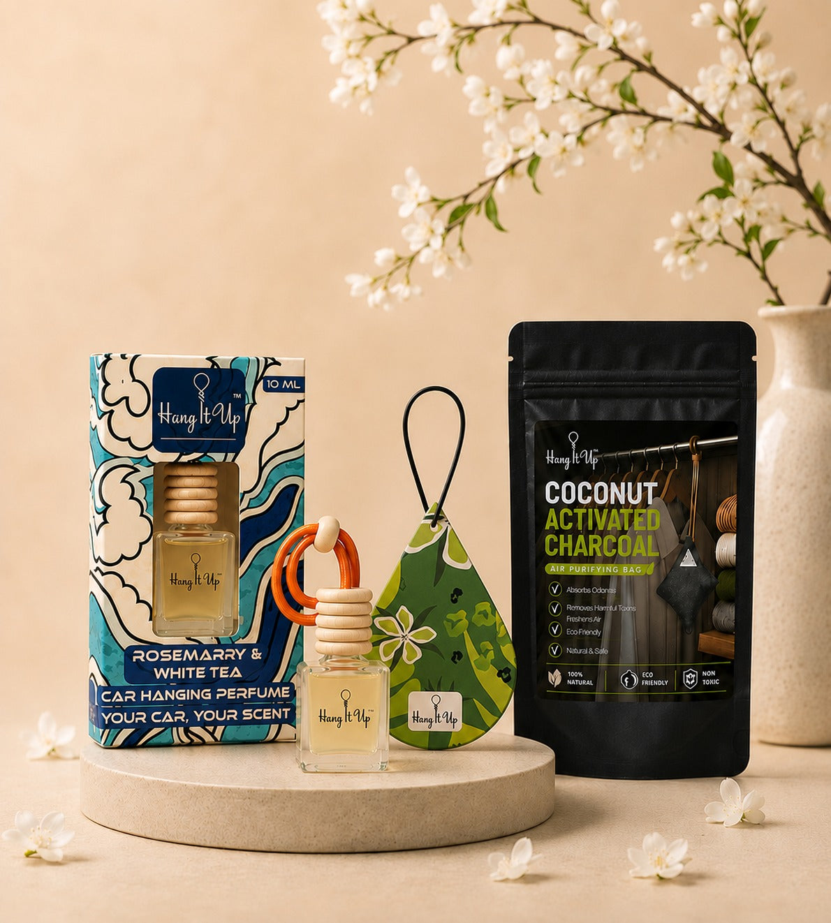 Pack of 3 (Rosemerry Hanging Bottle + Lemongrass Air Freshener Card + Charcoal Purifier)