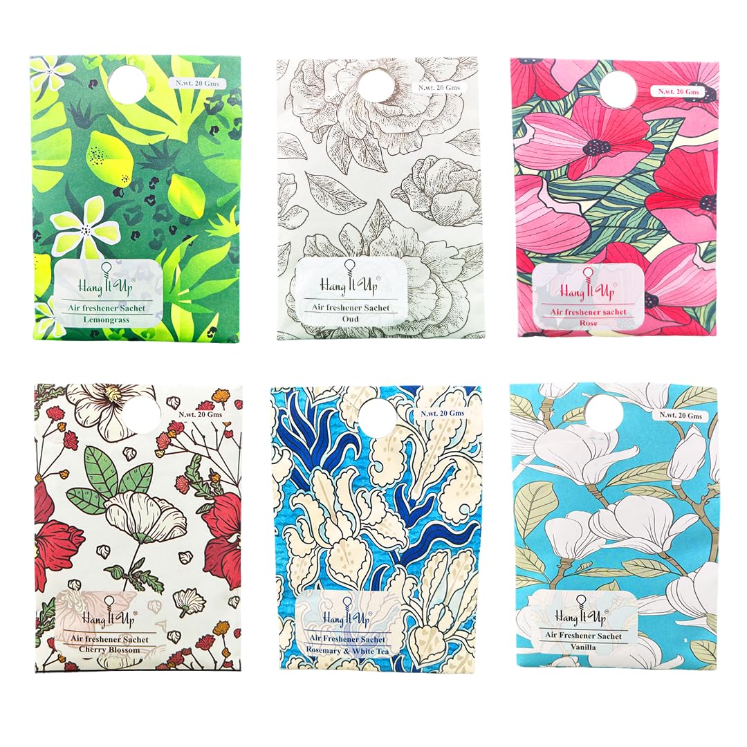 Cupboards Air Freshener Sachet  - Cherry Blossom, Lemongrass, Oud, Rose, Rosemary & White Tea, Vanilla Combo Of 6 | Long Lasting Fragrance