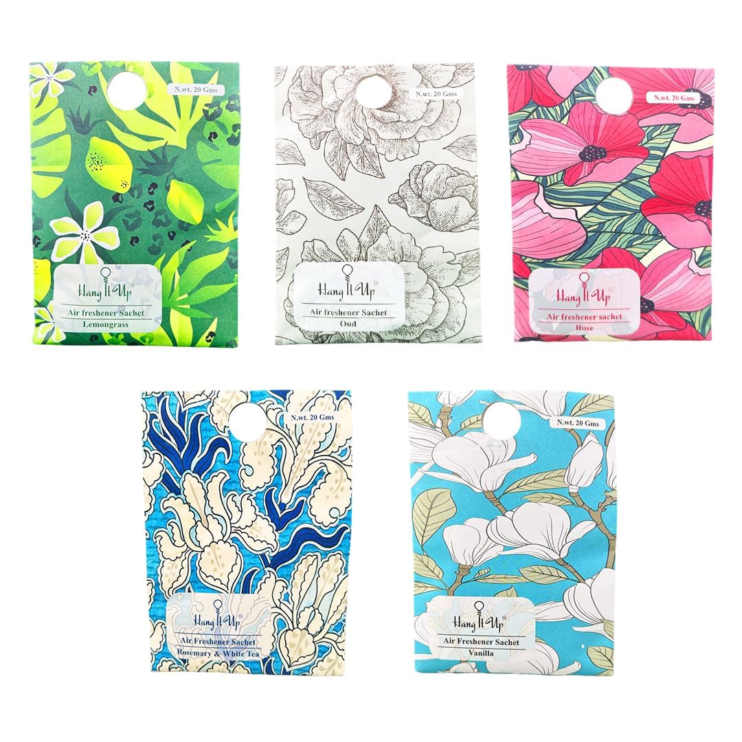 Cupboards Air Freshener Sachet - Lemongrass, Oud, Rose, Rosemary & White Tea, Vanilla Combo of 5 | Long Lasting Fragrance