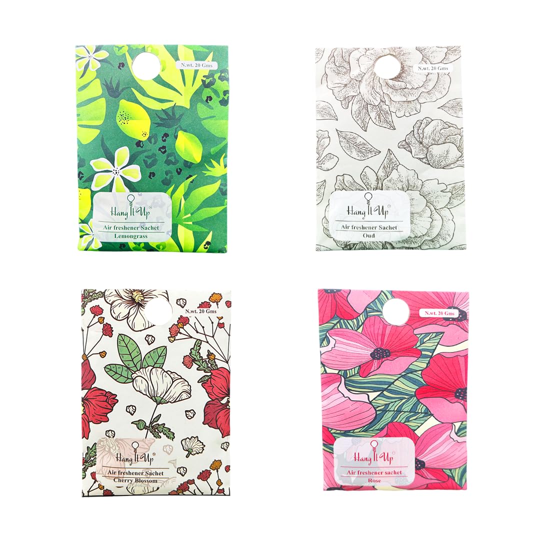 Cupboards Air Freshener Sachet - Cherry Blossom, Lemongrass, Oud & Rose Combo of 4 | Long Lasting Fragrance